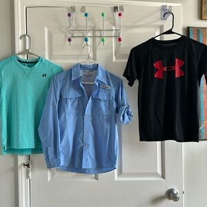 3 Cute Boy’s shirts Size Medium Youth 
1-Under Armour; 1-Columbia; 1-Russell